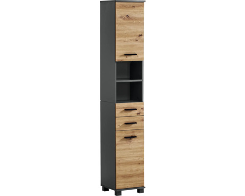 Hochschrank Möbelpartner Palermo 30.3x180.9x32.6 cm artisan eiche/anthrazit Hochschrank mit einer Tür, zwei Schubladen und einem offenen Fach für das Badezimmer