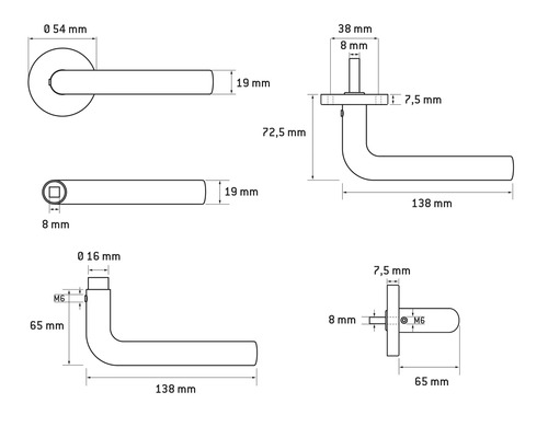 Technische Zeichnung eines Türdrückers mit Maßangaben