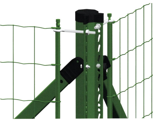 Detailansicht eines Zaunpfostens mit Drahtgitter