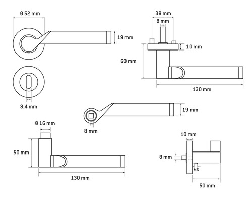 Technische Zeichnung eines Türdrückers mit Maßangaben