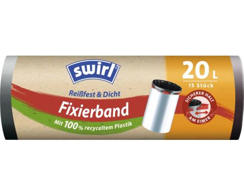 Zugbandsack mit elastischem Fixierband Swirl® 20 l 15 Stk. schwarz Zugbandsack mit elastischem Fixierband Swirl® 20 l 15 Stk. schwarz