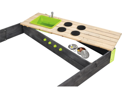 Matschküche mit Spülbecken, Kochplatten und Zubehör