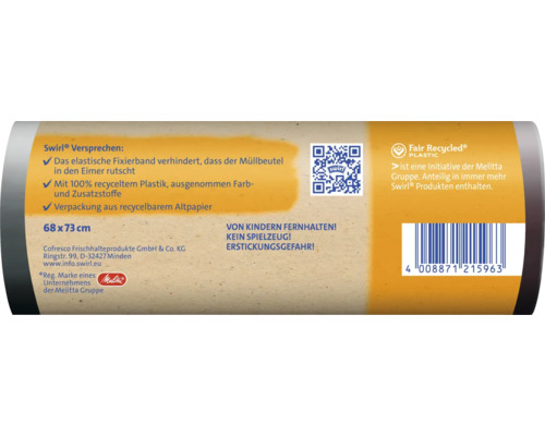 Informationen und Versprechen der Swirl Müllbeutelverpackung