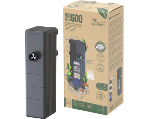 Innenfilter Aquatlantis Bio-Filter 600 inklusive Filtermaterial 7,5 W ca. 4,1 x 5,1 x 16 cm ca. 600 l/h für Aquarien bis ca. 70 -150 L Aquarium Innenfilter Bio 600 neben Verpackung