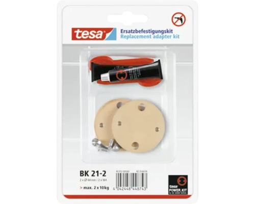 Tesa Ersatzbefestigungsset mit Klebstoff, Adaptern und Schrauben in Verpackung