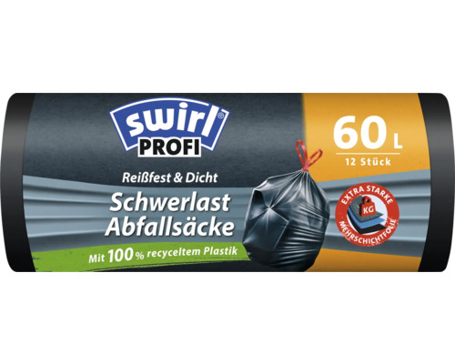 Schwerlast Abfallsäcke Swirl 60 l 12 Stk. Swirl Profi Schwerlast Müllsäcke, 60 Liter, 12 Stück, aus 100 Prozent recyceltem Kunststoff