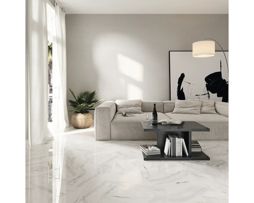 Helles Wohnzimmer mit Marmorboden, Sofa, Tisch und Zimmerpflanze für ein stilvolles Ambiente.