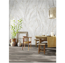 Esszimmer mit Marmorwandfliesen und Holzbodenfliesen