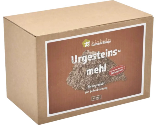 Karton mit Urgesteinsmehl zur Bodenverbesserung, zwei Kilogramm Karton mit Urgesteinsmehl zur Bodenverbesserung, zwei Kilogramm