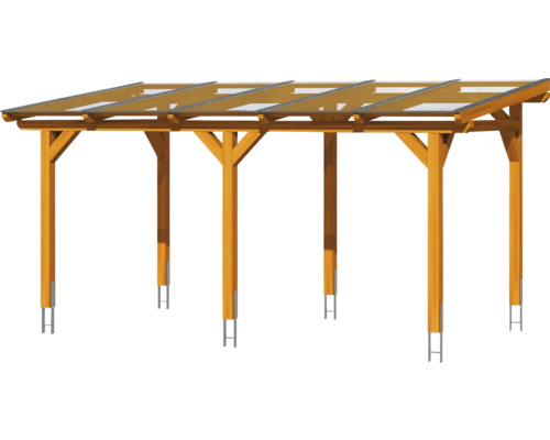 Holzcarport mit sechs Pfosten und transparentem Dach