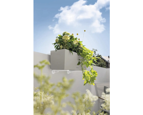 Grauer Pflanzkasten mit Halterung und Bepflanzung an einer Wand.