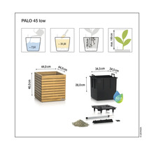 Produktinformationen Pflanzkasten Palo 45 Low mit Maßangaben und Füllmengenangaben