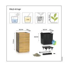 Abbildung eines Pflanzgefäßes Palo 45 high mit Maßangaben und Aqua System
