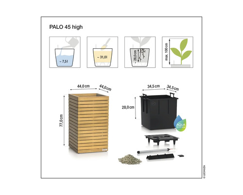 Abbildung eines Pflanzgefäßes Palo 45 high mit Maßangaben und Aqua System