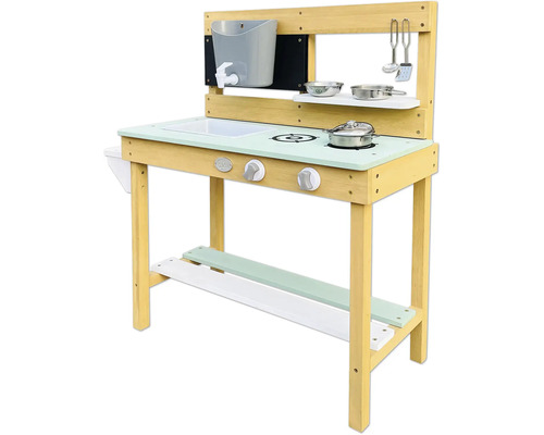 Spielküche aus Holz mit Spüle, Kochfeld, Wasserhahn, Kochutensilien und Ablageflächen.