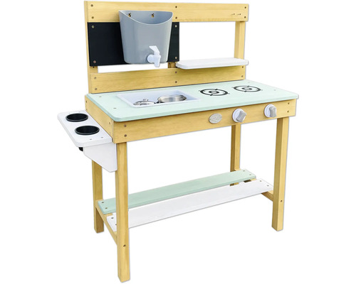 Spielküche aus Holz mit Spüle, Wasserhahn, Herdplatten und Ablageflächen