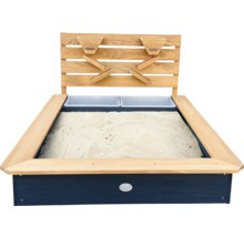 Sandkasten aus Holz mit zwei Sand Trichtern und zwei Kunststoffbehältern