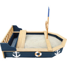 Sandkasten in Bootsform mit Spielsteuer und Anker-Motiven