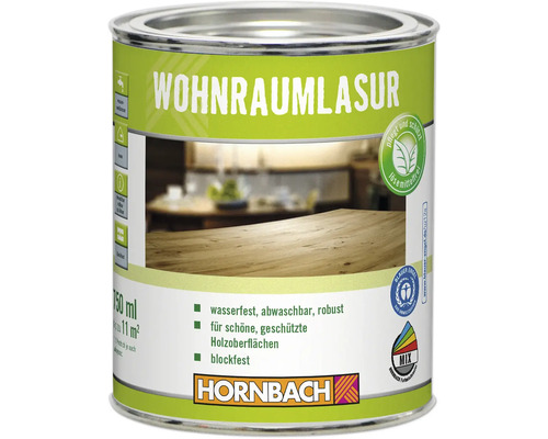 Wohnraumlasur im Metalleimer, wasserfest, abwaschbar und robust, geeignet für Holzoberflächen, lösemittelfrei, Blauer Engel Siegel, Hornbach Logo Wohnraumlasur im Metalleimer, wasserfest, abwaschbar und robust, geeignet für Holzoberflächen, lösemittelfrei, Blauer Engel Siegel, Hornbach Logo