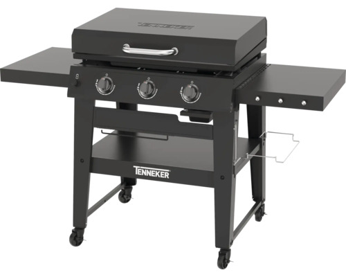 Schwarzer Tenneker Gasgrill mit drei Brennern, Ablageflächen und Rollen