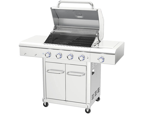 Edelstahl Grillwagen mit geöffnetem Deckel und vier Brennern
