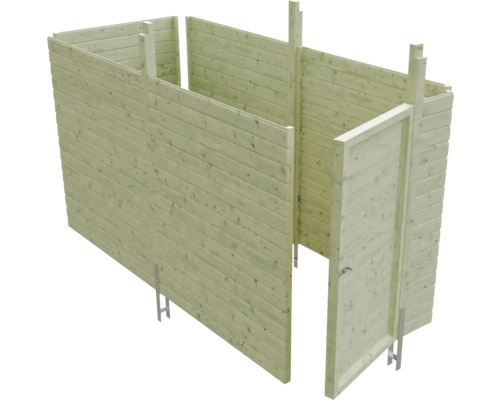 Holzgartenhaus im Aufbau mit Holzwänden und Tür