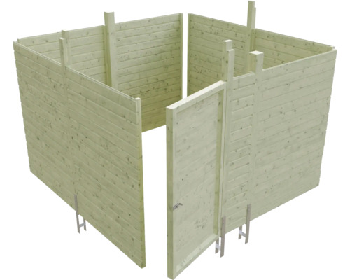 Unfertiger Holzgartenhausbausatz mit offener Tür