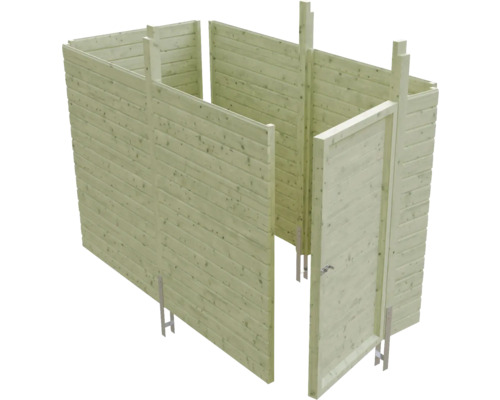 Holzgartenhaus im Rohbau mit Tür und Metallankern