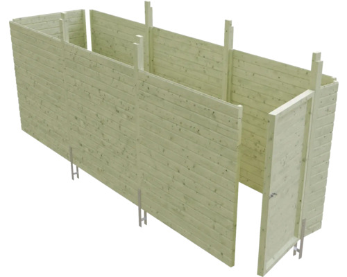 Holzgartenhaus im Bau mit Wandelementen und Bodenverankerung