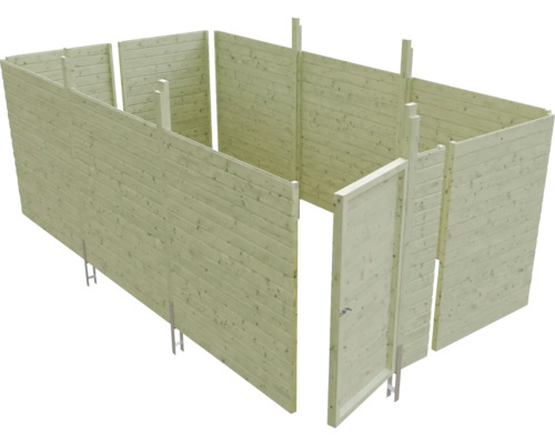 Holzgartenhaus im Aufbau mit Wänden und Tür