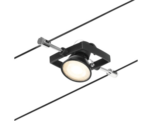 Schwarzer LED-Strahler an einem Seilsystem