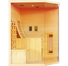 Innenansicht einer Sauna mit Holzverkleidung, Sitzbänken und Glasfront