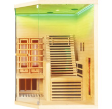 Innenansicht einer Sauna mit Holzbänken und Infrarotstrahlern
