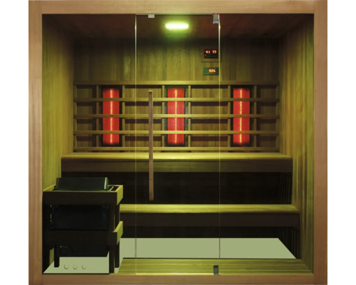 Infrarotsauna mit Holzverkleidung und Glasfront.