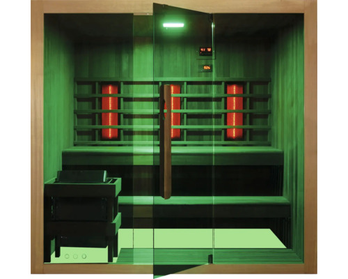Infrarotsauna mit Bänken, Heizstrahlern und Glastür