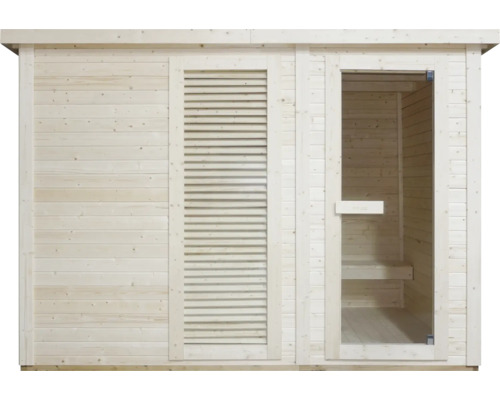 Sauna aus Holz mit Glastür