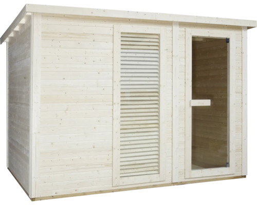 Holzsauna mit Glastür und Belüftung