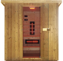 Infrarotsauna aus Holz mit offener Glastür und Infrarotstrahlern.