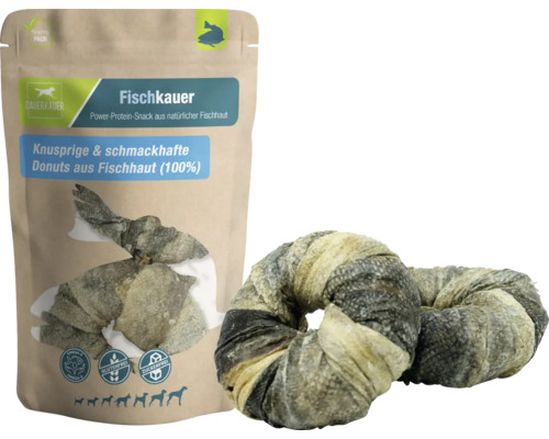 Hundesnack Dauerkauer Fischkauer Fischhaut Donuts 60 g 2 Stück Verpackung Fischkauer Hundesnack Donuts aus Fischhaut