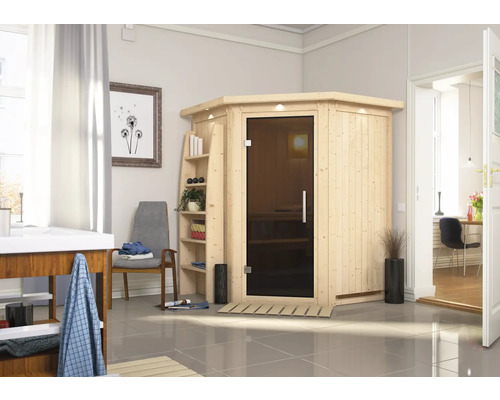 Plug & Play Sauna Karibu Achat II ohne Ofen mit Dachkranz und graphitfarbiger Ganzglastüre