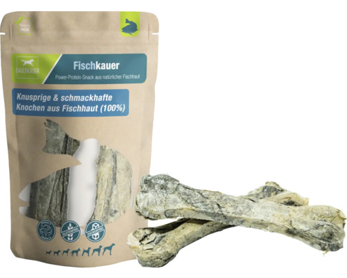 Hundesnack Dauerkauer Fischkauer Fischhaut Knochen 65 g 2 Stück Verpackung Fischkauer Hundesnack aus Fischhaut, mit den Hinweisen: Omega-3, glutenfrei, zuckerfrei