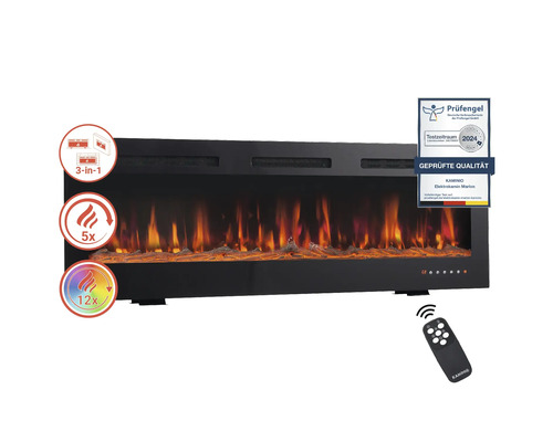 Elektrischer Kamin mit Fernbedienung und Prüfengel Siegel für geprüfte Qualität.