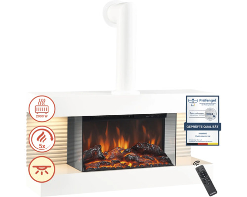 Elektrokamin mit Heizfunktion, 2000 Watt Leistung, Fernbedienung, Prüfzeichen und Kaminio Logo