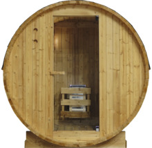 Fasssauna mit Glastür und Holzofen