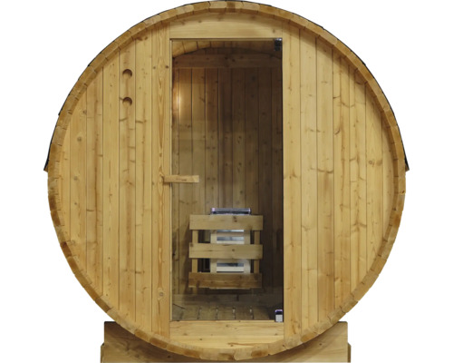 Fasssauna mit Glastür und Holzofen