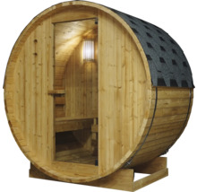 Fasssauna aus Holz mit Schindeldach