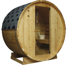 Fasssauna aus Holz mit Tür und Dachschindeln