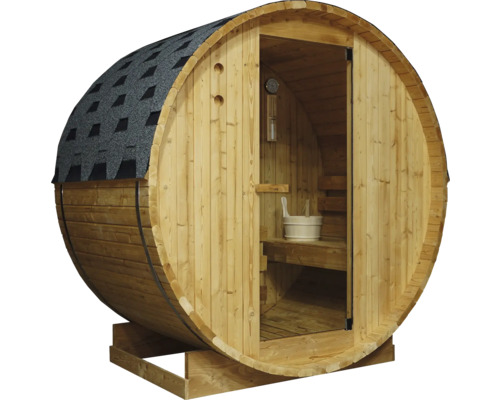 Fasssauna aus Holz mit Tür und Dachschindeln