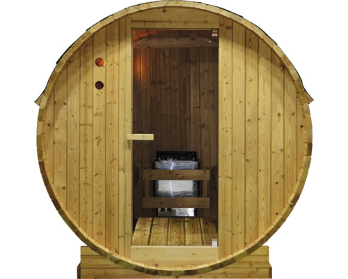 Fasssauna aus Holz mit Saunaofen