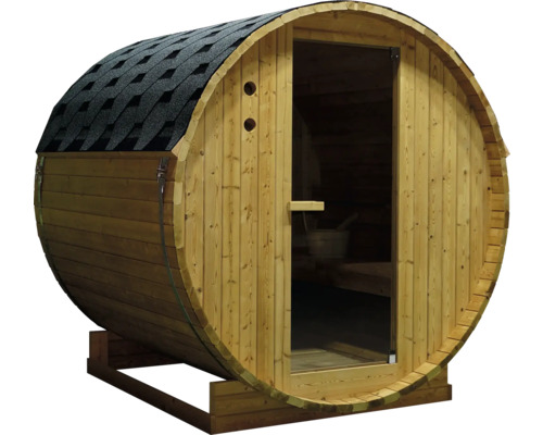 Fasssauna aus Holz mit Dachschindeln und Glastür